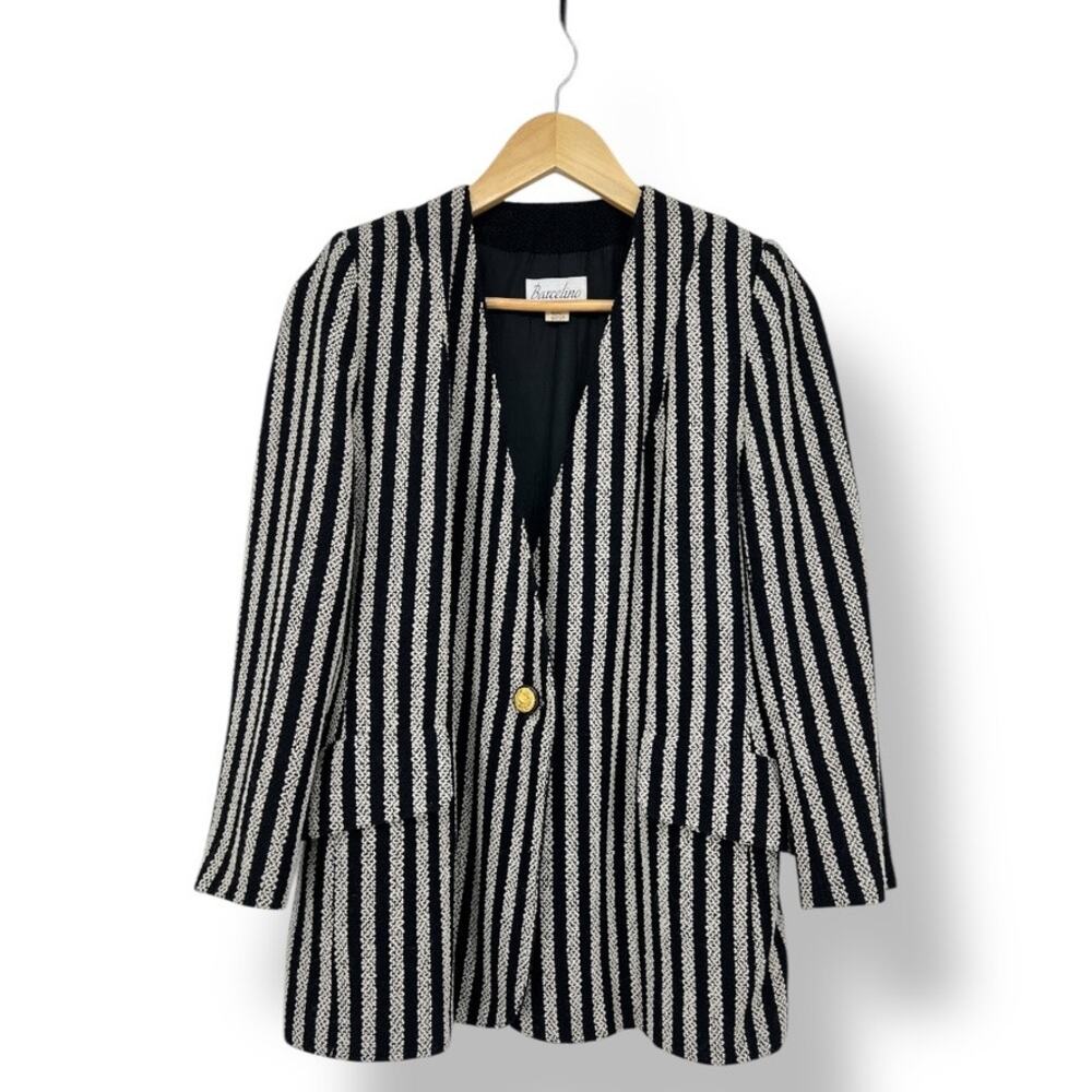 Barcelino Tweed Wool Blend Striped Coat Blazer Women's 8 Black Cream Vintage